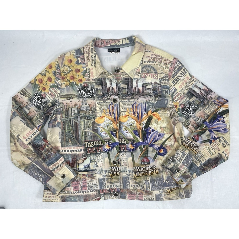 Impulse California Jacket Womens XL Made USA Collage Print Button Front